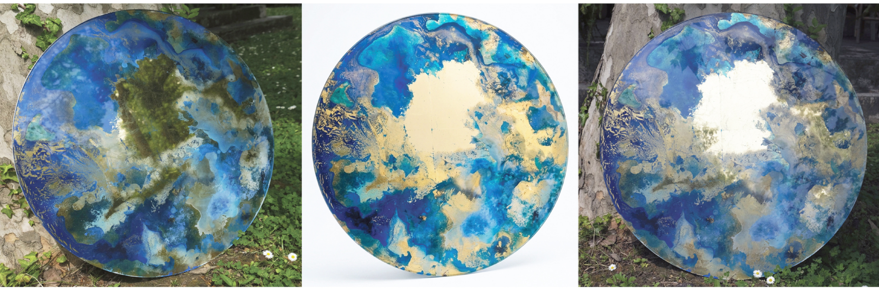 Lune, three views of the circular blue and gold artwork