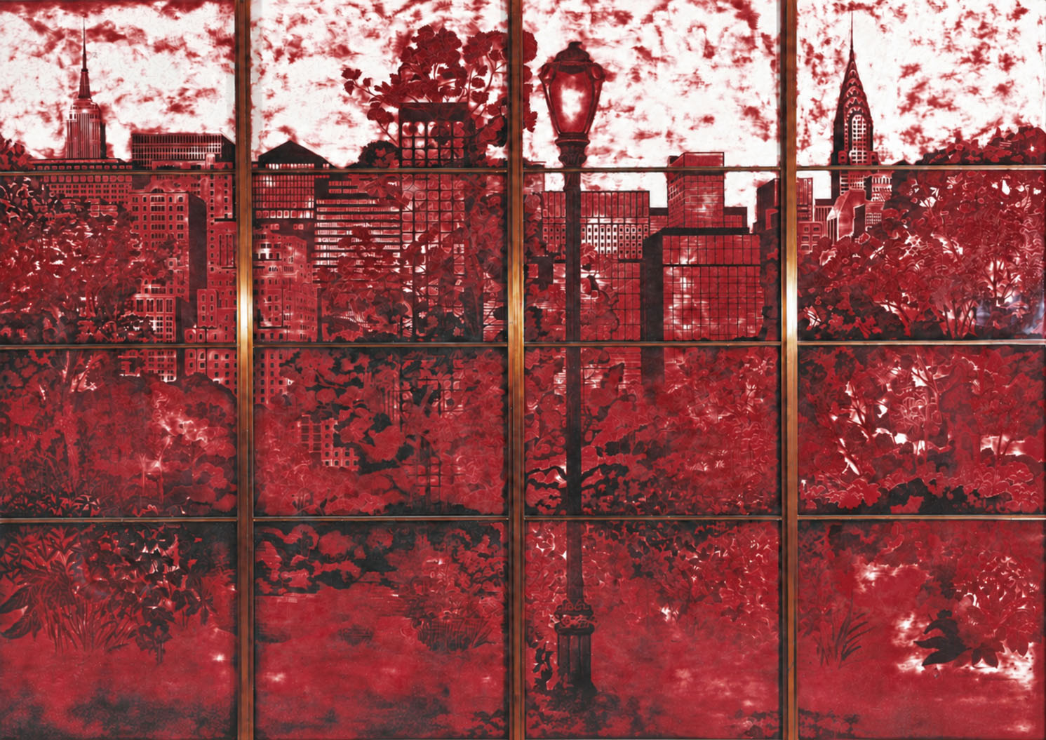 Red flashed glass with the Manhattan skyline and plant motifs