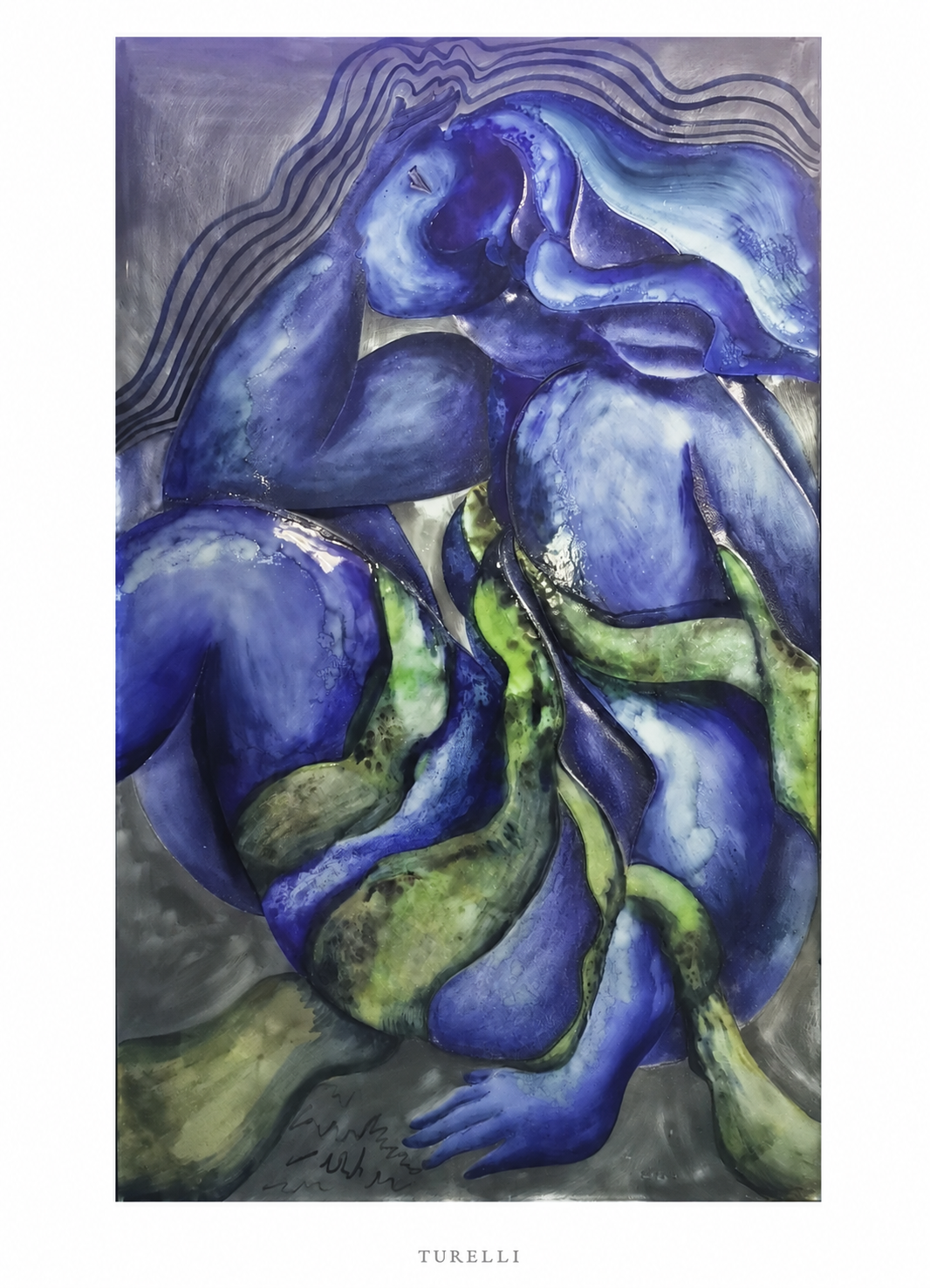 Abstract figurative painting in blue, purple and green