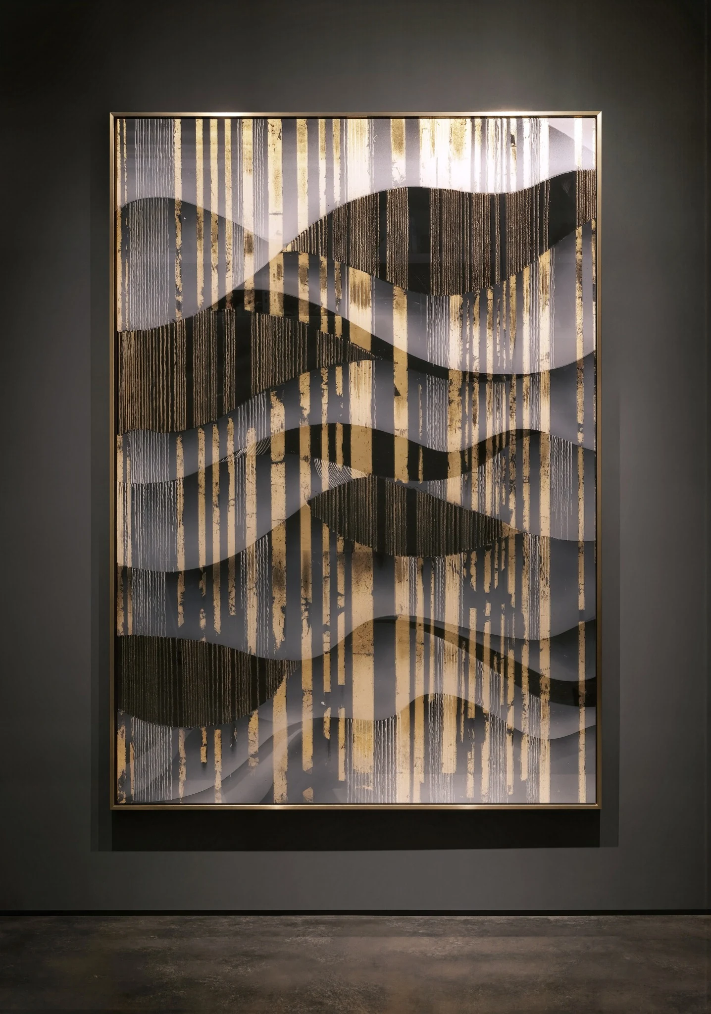 Abstract reverse-painted artwork with black and gold bands