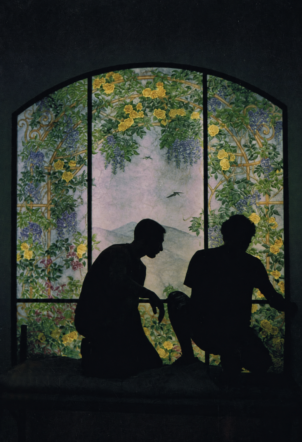 Installing an arched painted-glass window with floral decoration